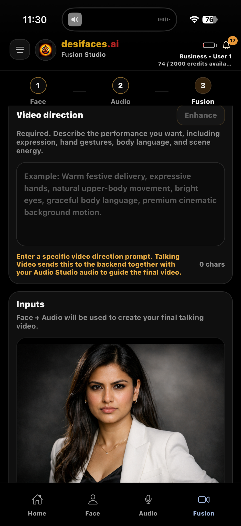 desifaces.ai Fusion Studio workflow screenshot