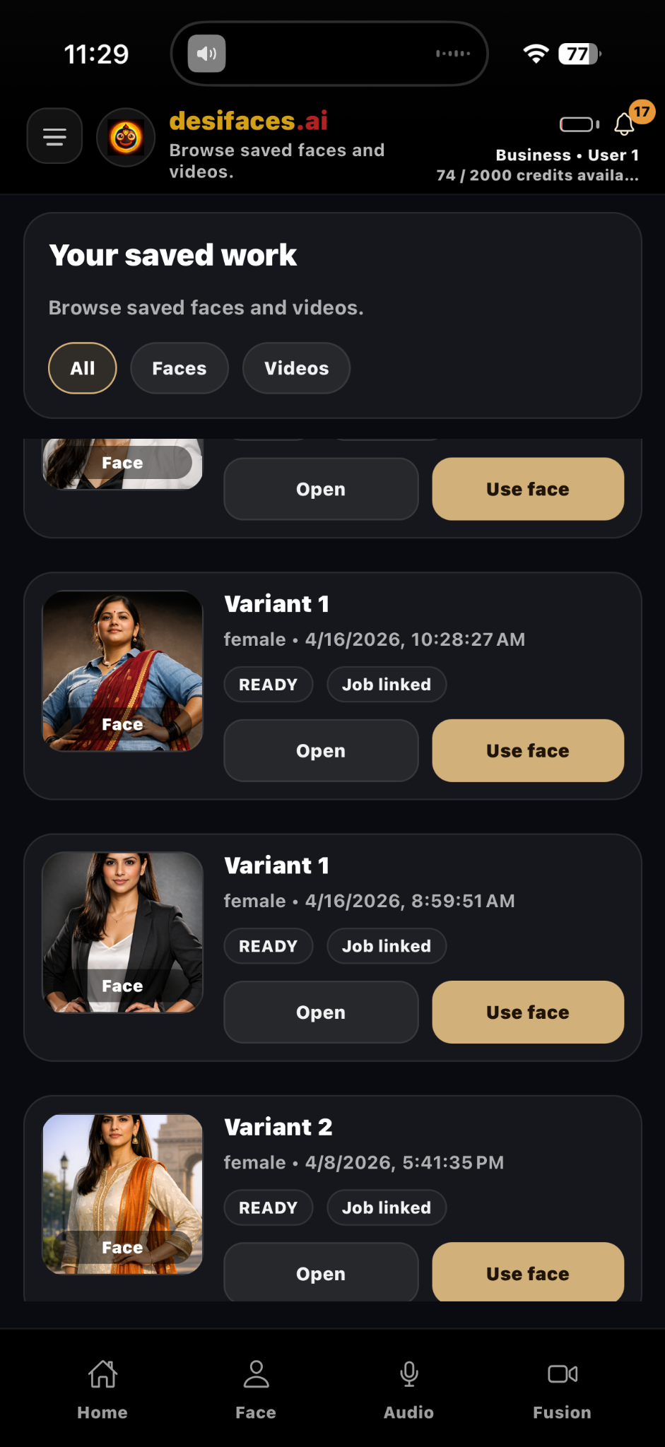 desifaces.ai saved work library screenshot
